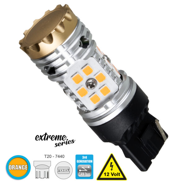 GloboStar® 81150 Λάμπα Αυτοκίνητου T20 - 7440 - W21W 3rd Generation Can-Bus Extreme Series LED 30 SMD 3030 24W 2880lm 360° DC 12V IP20 Πορτοκαλί