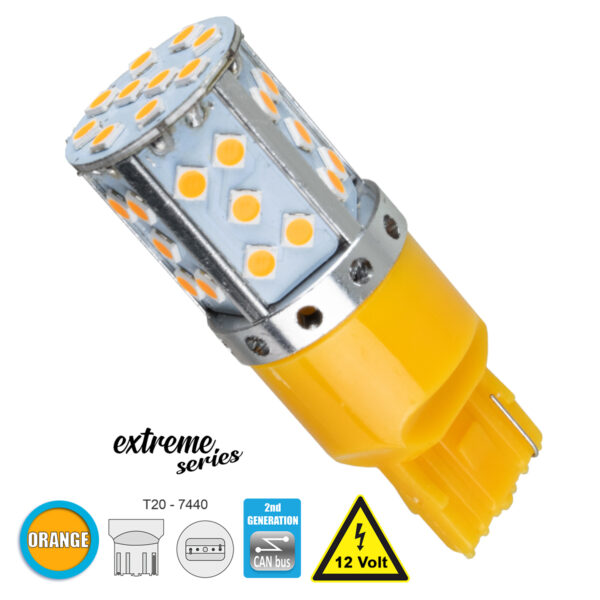 GloboStar® 81154 Λάμπα Αυτοκίνητου T20 - 7440 - W21W 2nd Generation Can-Bus Extreme Series LED 35 SMD 3030 17W 2040lm 360° DC 12V IP20 Πορτοκαλί