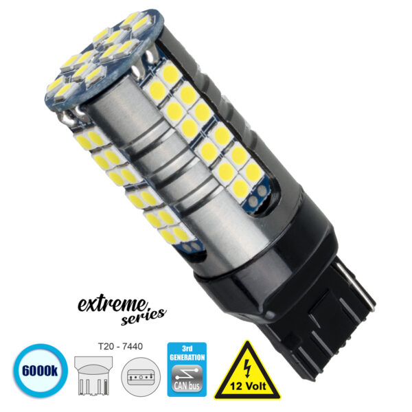 GloboStar® 81161 Λάμπα Αυτοκίνητου T20 - 7440 - W21W 3rd Generation Can-Bus Extreme Series LED 66 SMD 3030 15W 2250lm 360° DC 12V IP20 Ψυχρό Λευκό 6000K