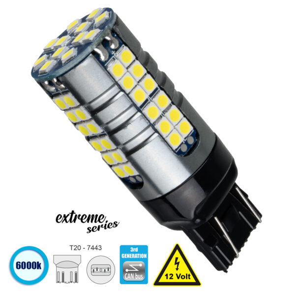 GloboStar® 81163 Λάμπα Αυτοκίνητου T20 - 7443 - W21/5W 3rd Generation Can-Bus Extreme Series LED 66 SMD 3030 15W 2250lm 360° DC 12V IP20 Ψυχρό Λευκό 6000K