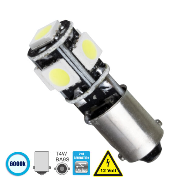 GloboStar® BA9S - T4W 81288  Λάμπα Αυτοκινήτου 2nd Generation Can-Bus Series LED 5 SMD 5050 2W 300lm 360° DC 12V IP20 Ψυχρό Λευκό 6000K