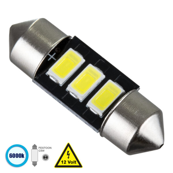 GloboStar® C5W 81301 Λάμπα Αυτοκίνητου 31mm FESTOON - LED 3 SMD 5630 1.5W 225lm 120° DC 12V IP20 Ψυχρό Λευκό 6000K