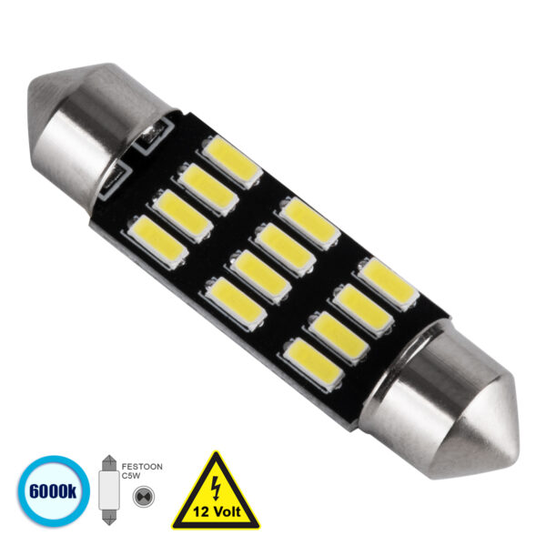 GloboStar® C5W 81303 Λάμπα Αυτοκίνητου 39mm FESTOON - LED 12 SMD 5630 6W 900lm 120° DC 12V IP20 Ψυχρό Λευκό 6000K