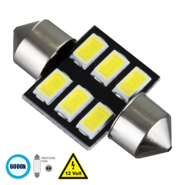 GloboStar® C5W 81305 Λάμπα Αυτοκίνητου 31mm FESTOON - LED 6 SMD 5630 3W 450lm 120° DC 12V IP20 Ψυχρό Λευκό 6000K