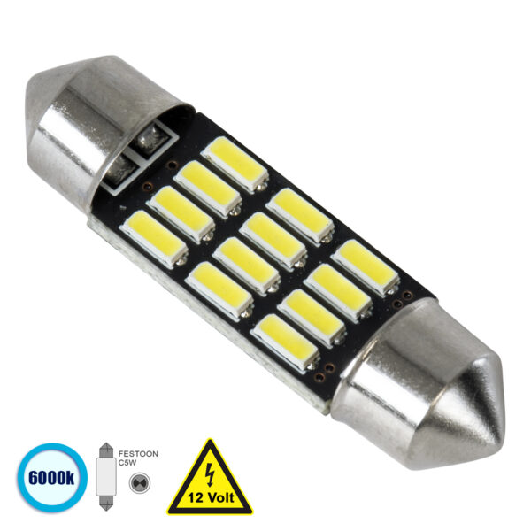 GloboStar® C5W 81306 Λάμπα Αυτοκίνητου 36mm FESTOON - LED 12 SMD 5630 3W 450lm 120° DC 12V IP20 Ψυχρό Λευκό 6000K