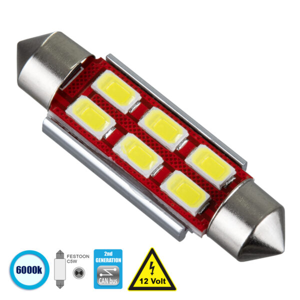 GloboStar® C5W 81322 Λάμπα Αυτοκίνητου 42mm FESTOON  2nd Generation Can-Bus Series LED 6 SMD 5630 4W 600lm 120° DC 12V IP20 Ψυχρό Λευκό 6000K