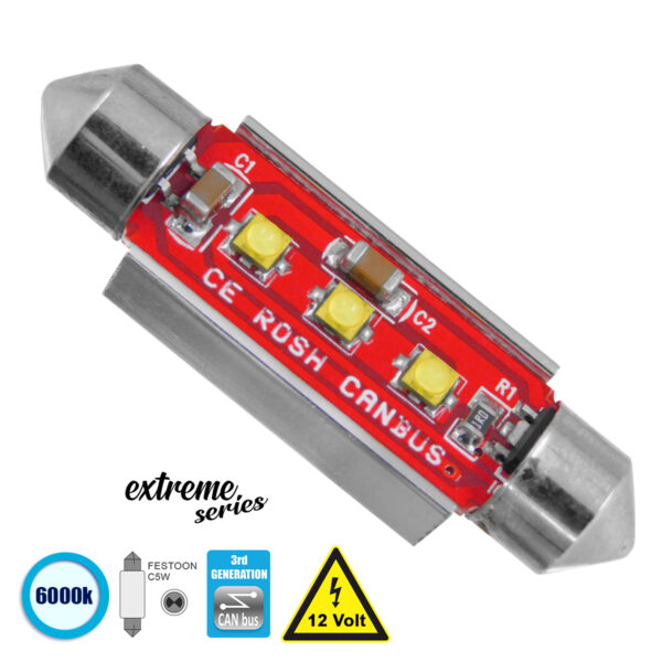 GloboStar® C5W 81327 Λάμπα Αυτοκίνητου 42mm FESTOON  3rd Generation Can-Bus Extreme Series LED 3 CREE XBD 7.5W 1058lm 120° DC 12V IP20 Ψυχρό Λευκό 6000K