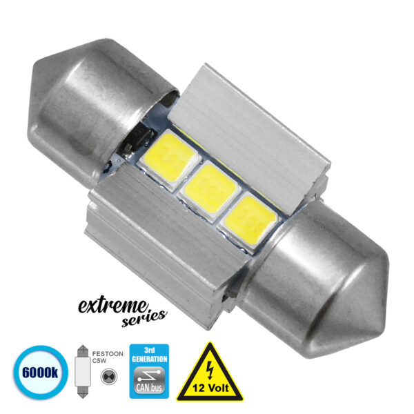 GloboStar® C5W 81336 Λάμπα Αυτοκινήτου 28mm FESTOON  3rd Generation Can-Bus Extreme Series LED 3 SMD 3030 3W 450lm 120° DC 12V IP20 Ψυχρό Λευκό 6000K