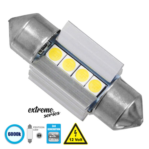 GloboStar® C5W 81337 Λάμπα Αυτοκινήτου 31mm FESTOON  3rd Generation Can-Bus Extreme Series LED 4 SMD 3030 4W 600lm 120° DC 12V IP20 Ψυχρό Λευκό 6000K