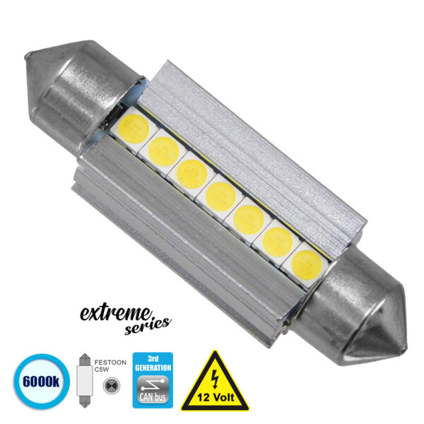 GloboStar® C5W 81339 Λάμπα Αυτοκινήτου 39mm FESTOON  3rd Generation Can-Bus Extreme Series LED 7 SMD 3030 7W 1050lm 120° DC 12V IP20 Ψυχρό Λευκό 6000K