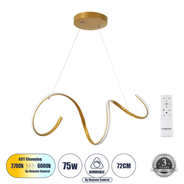 GloboStar® SPIRALE 61286 Κρεμαστό Φωτιστικό Οροφής Design LED CCT 75W 8400lm 300° AC 220-240V - Εναλλαγή Φωτισμού μέσω Τηλεχειριστηρίου All In One Ψυχρό 6000k+Φυσικό 4500k+Θερμό 2700k Dimmable Μ72 x Π25 x Υ30cm - Χρυσό Βούρτσας - 3 Years Warranty