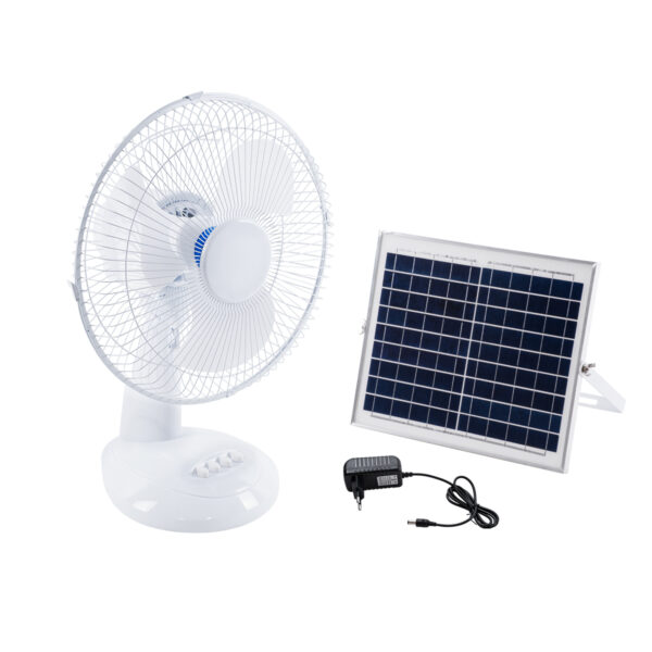 GloboStar® SOLARI-FAN 85354 Solar Fan Αυτόνομος Ηλιακός Επιτραπέζιος Ανεμιστήρας 25W 2 Λειτουργιών Ρεύματος με AC 220-240V ή με Φωτοβολταϊκό Panel 9V 12W & Επαναφορτιζόμενη Μπαταρία Li-ion 7.4V 4400mAh - 3 Ταχύτητες - IP20 - Μ24 x Π36 x Υ49cm - Λευκό - 2 Years Warranty