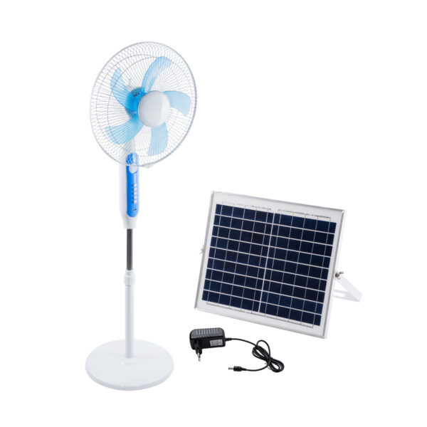 GloboStar® SOLARA-FAN 85355 Solar Fan Αυτόνομος Ηλιακός Επιδαπέδιος Ανεμιστήρας 25W 2 Λειτουργιών Ρεύματος με AC 220-240V ή με Φωτοβολταϊκό Panel 9V 12W & Επαναφορτιζόμενη Μπαταρία Li-ion 7.4V 4400mAh - 3 Ταχύτητες - Ενσωματωμένο USB 2.0 Charger Συσκευών - IP20 - Μ44 x Π37.5 x Υ132cm - Λευκό & Μπλε - 2 Years Warranty