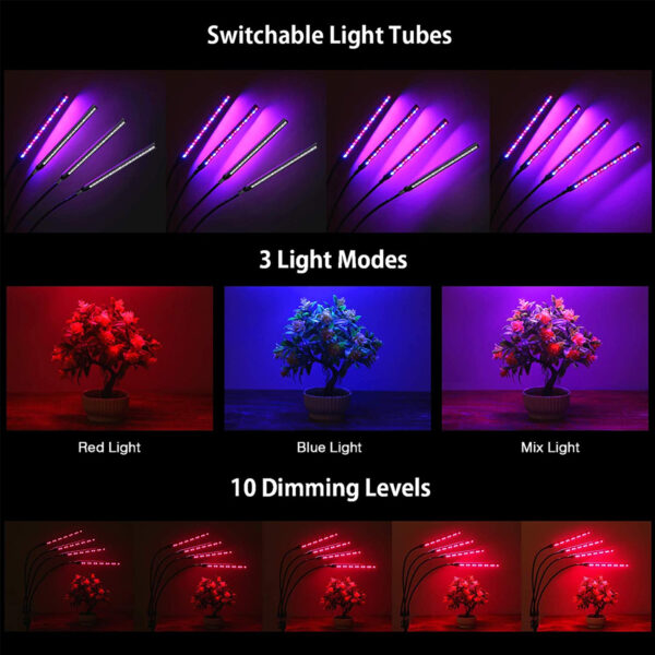 GloboStar® 85956 Grow Light Full Spectrum LED Φωτιστικό Ανάπτυξης Φυτών Γλάστρας με 4 Κινούμενες Κεφαλές & Τρίποδο 150cm SMD 2835 20W 180° AC230V IP20 με Dimmer & Timer Εσωτερικού Χώρου για Κάλυψη Επιφάνειας 1m x 1m Πλήρους Φάσματος Φωτισμού - Image 12