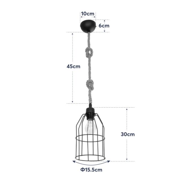 GloboStar® TALAH 203-0009 Vintage Κρεμαστό Φωτιστικό Σχοινί Μονόφωτο 1 x E27 IP20 Μαύρο Μέταλλο με Μπεζ Σχοινί - Μ15.5 x Π15.5 x Υ30cm - Image 10