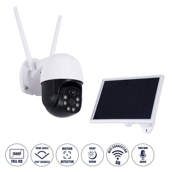 GloboStar® 86056 Αυτόνομη Ηλιακή IP Camera 1080P 2MP 4G SIM CARD WiFi 350° Μοιρών - 3200mAh - Φωτοβολταϊκό Πάνελ - Νυχτερινή Όραση με LED IR - Ανιχνευτή Κίνησης - Νυχτερινή Λήψη - Αδιάβροχη IP66 - Λευκό