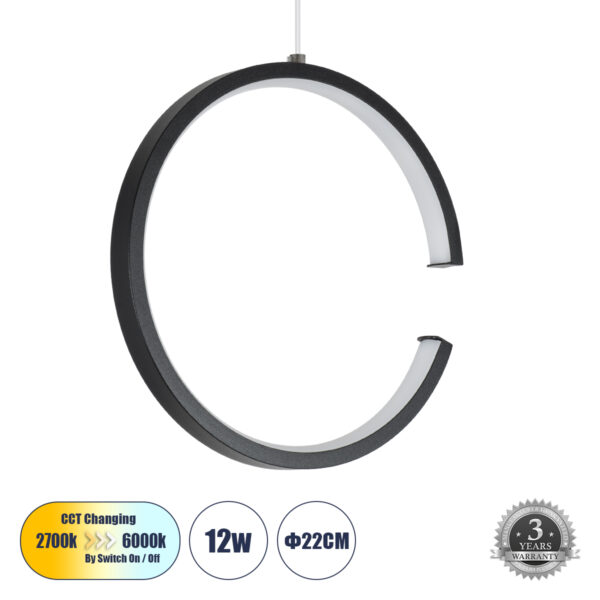 GloboStar® CEROBA 61306 Κρεμαστό Φωτιστικό Οροφής Linear Design LED CCT 12W 1320lm 360° AC 220-240V - Εναλλαγή Φωτισμού μέσω Διακόπτη On/Off All In One Ψυχρό 6000k+Φυσικό 4500k+Θερμό 2700k Φ22 x Π2cm - Μαύρο - 3 Years Warranty