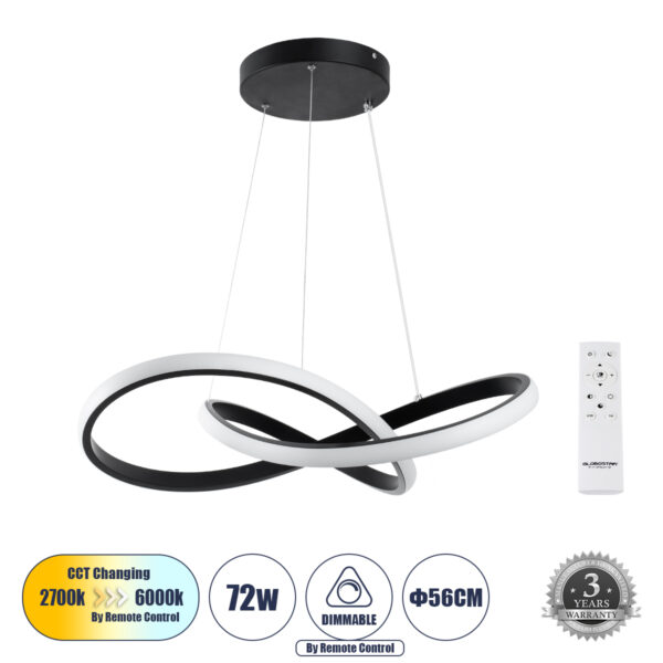 GloboStar® DEXTER 61049 Κρεμαστό Φωτιστικό Οροφής Design LED CCT 72W 8064lm 300° AC 220-240V - Εναλλαγή Φωτισμού μέσω Τηλεχειριστηρίου All In One Ψυχρό 6000k+Φυσικό 4500k+Θερμό 2700k Dimmable Φ56cm - Μαύρο - 3 Years Warranty