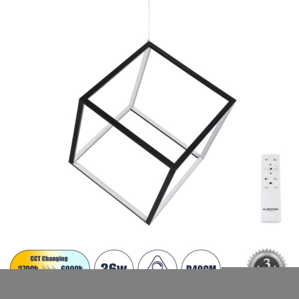 GloboStar® KIBOO 60929 Κρεμαστό Φωτιστικό Οροφής Design LED CCT 36W 4150lm 360° AC 220-240V - Εναλλαγή Φωτισμού μέσω Τηλεχειριστηρίου All In One Ψυχρό 6000k+Φυσικό 4500k+Θερμό 2700k Dimmable Μ40 x Π40 x Υ40cm - Μαύρο - 3 Years Warranty