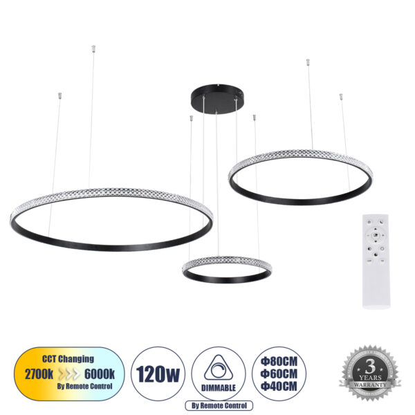 GloboStar® DIAMOND TRIO 61144 Κρεμαστό Φωτιστικό Δαχτυλίδι-Κύκλος LED CCT 120W 14723lm 360° AC 220-240V - Εναλλαγή Φωτισμού μέσω Τηλεχειριστηρίου All In One Ψυχρό 6000k+Φυσικό 4500k+Θερμό 2700k Dimmable Φ40+60+80cm - Μαύρο - 3 Years Warranty