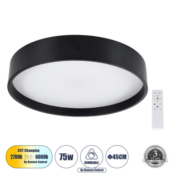 GloboStar® NARNIA 61257 Πλαφονιέρα Οροφής LED CCT 75W 8625lm 120° AC 220-240V - Εναλλαγή Φωτισμού μέσω Τηλεχειριστηρίου All In One Ψυχρό 6000k+Φυσικό 4500k+Θερμό 2700k Dimmable Φ45 x Υ8cm - Μαύρο - 3 Years Warranty