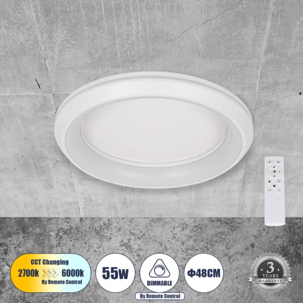 GloboStar® MELINA 61041 Πλαφονιέρα Οροφής Κύκλος LED CCT 55W 6376lm 120° AC 220-240V - Εναλλαγή Φωτισμού μέσω Τηλεχειριστηρίου All In One Ψυχρό Λευκό 6000k+Φυσικό Λευκό 4500k+Θερμό Λευκό 2700k Dimmable Φ48cm - Λευκό - 3 Years Warranty