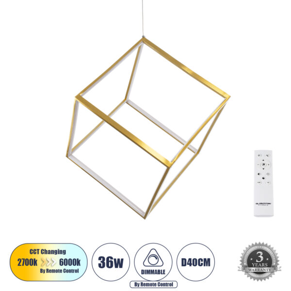 GloboStar® KIBOO 60930 Κρεμαστό Φωτιστικό Οροφής Design LED CCT 36W 4150lm 360° AC 220-240V - Εναλλαγή Φωτισμού μέσω Τηλεχειριστηρίου All In One Ψυχρό 6000k+Φυσικό 4500k+Θερμό 2700k Dimmable Μ40 x Π40 x Υ40cm - Χρυσό Πλατίνα - 3 Years Warranty