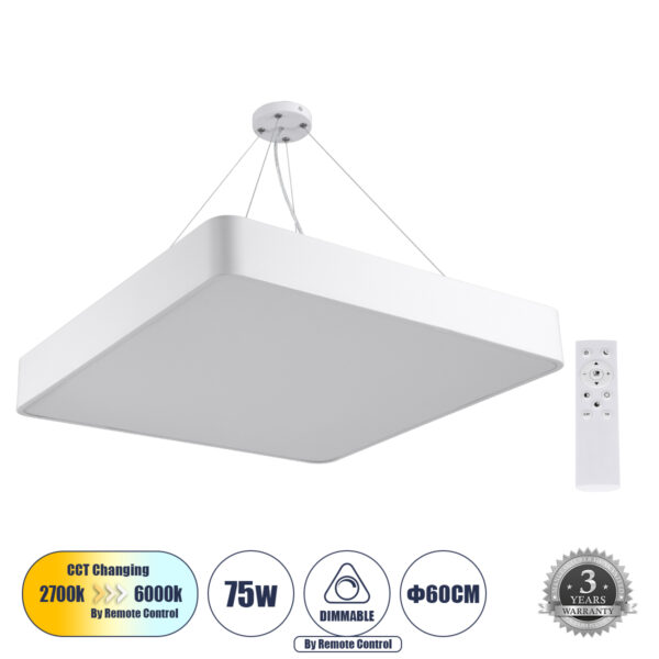 GloboStar® KAMALA 61209-P Κρεμαστή Πλαφονιέρα Οροφής LED CCT 75W 8625lm 120° AC 220-240V - Εναλλαγή Φωτισμού μέσω Τηλεχειριστηρίου All In One Ψυχρό 6000k+Φυσικό 4500k+Θερμό 2700k Dimmable Μ60 x Π60 x Υ8cm - Λευκό - 3 Years Warranty