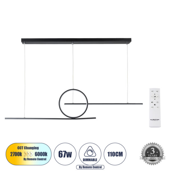 GloboStar® TEREZA 61288 Κρεμαστό Φωτιστικό Οροφής Design LED CCT 67W 7504lm 300° AC 220-240V - Εναλλαγή Φωτισμού μέσω Τηλεχειριστηρίου All In One Ψυχρό 6000k+Φυσικό 4500k+Θερμό 2700K Dimmable Μ110 x Π4.5 x Υ34cm - Μαύρο - 3 Χρόνια Εγγύηση