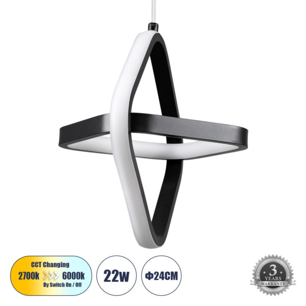 GloboStar® ROSE 61064 Κρεμαστό Φωτιστικό Οροφής Design LED CCT 22W 2640lm 300° AC 220-240V - Εναλλαγή Φωτισμού μέσω Διακόπτη On/Off All In One Ψυχρό 6000k+Φυσικό 4500k+Θερμό 2700k Μ24 x Π22 x Υ24cm - Μαύρο