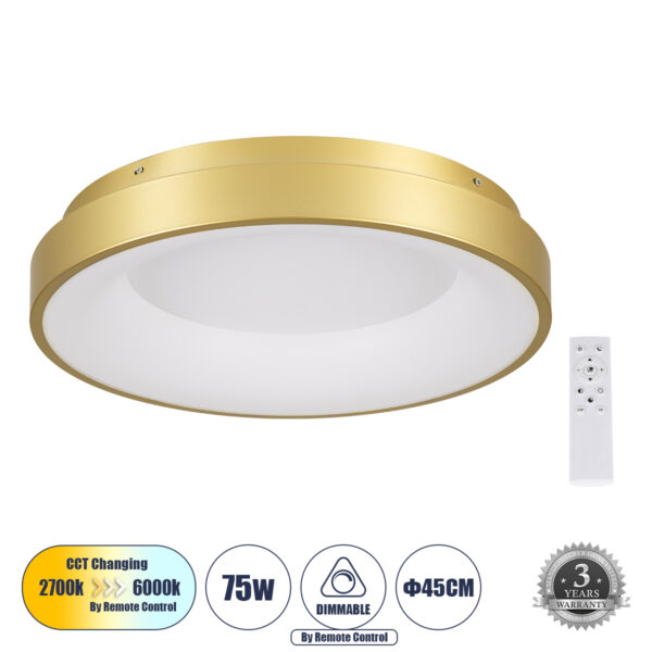 GloboStar® SALEM 61235 Πλαφονιέρα Οροφής Δαχτυλίδι-Κύκλος LED CCT 75W 8625lm 120° AC 220-240V - Εναλλαγή Φωτισμού μέσω Τηλεχειριστηρίου All In One Ψυχρό 6000k+Φυσικό 4500k+Θερμό 2700k Dimmable Φ45cm - Χρυσό Σαμπανιζέ - 3 Years Warranty