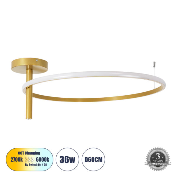 GloboStar® VERONA 61225 Φωτιστικό Οροφής Δαχτυλίδι-Κύκλος LED CCT 36W 4032lm 360° AC 220-240V - Εναλλαγή Φωτισμού μέσω Διακόπτη On/Off All In One Ψυχρό 6000k+Φυσικό 4500k+Θερμό 2700K Φ60 x Υ23cm - Χρυσό Βούρτσας - 3 Χρόνια Εγγύηση