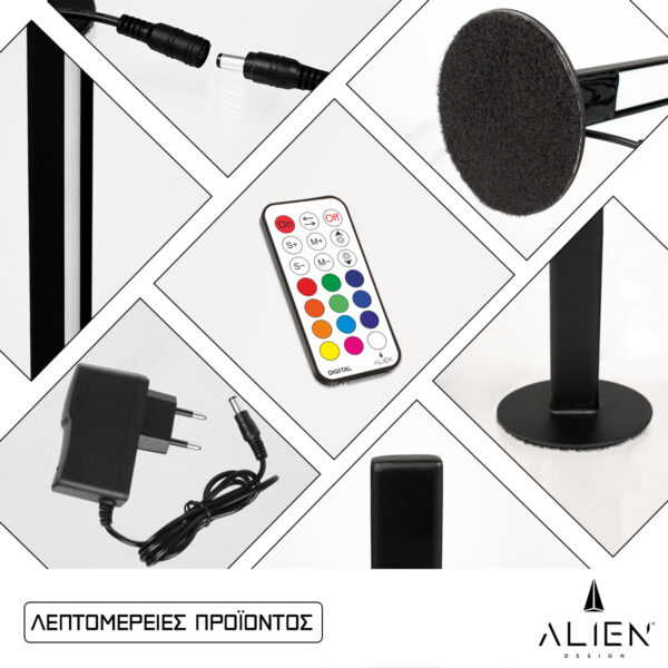 GloboStar® ALIEN-DIVA-BLACK-50-11 ALIEN Design DIVA Μοντέρνο Minimal Nordic Μεταλλικό Φωτιστικό Επιτραπέζιο - Πορτατίφ - Λαμπατέρ Μαύρο LED 10W 1500lm με Ασύρματο Χειριστήριο RF & Dimmer IP20 Πολύχρωμο RGBW Ψηφιακή με Τρεχούμενα Εφέ  Μ3 x Π1.6 x Υ50cm - Image 7