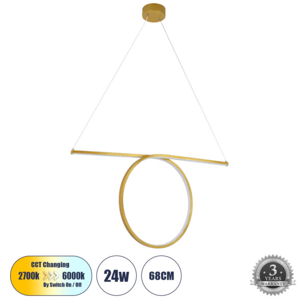 GloboStar® ROME 61297 Κρεμαστό Φωτιστικό Οροφής Linear Design LED CCT 24W 2640lm 200° AC 220-240V - Εναλλαγή Φωτισμού μέσω Διακόπτη On/Off All In One Ψυχρό 6000k+Φυσικό 4500k+Θερμό 2700k Μ65.5 x Π4 x Υ33cm - Χρυσό Βούρτσας - 3 Years Warranty