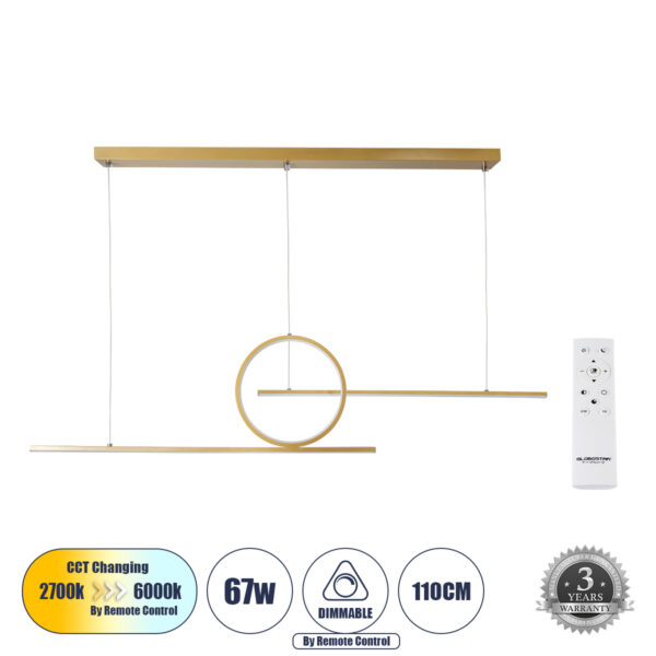 GloboStar® TEREZA 61289 Κρεμαστό Φωτιστικό Οροφής Design LED CCT 67W 7504lm 300° AC 220-240V - Εναλλαγή Φωτισμού μέσω Τηλεχειριστηρίου All In One Ψυχρό 6000k+Φυσικό 4500k+Θερμό 2700k Dimmable Μ110 x Π4.5 x Υ34cm - Χρυσό Πλατίνα - 3 Years Warranty