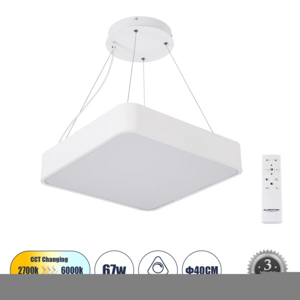 GloboStar® KAMALA 61207-P Κρεμαστή Πλαφονιέρα Οροφής LED CCT 67W 7370lm 120° AC 220-240V - Εναλλαγή Φωτισμού μέσω Τηλεχειριστηρίου All In One Ψυχρό 6000k+Φυσικό 4500k+Θερμό 2700k Dimmable Μ40 x Π40 x Υ8cm - Λευκό - 3 Years Warranty