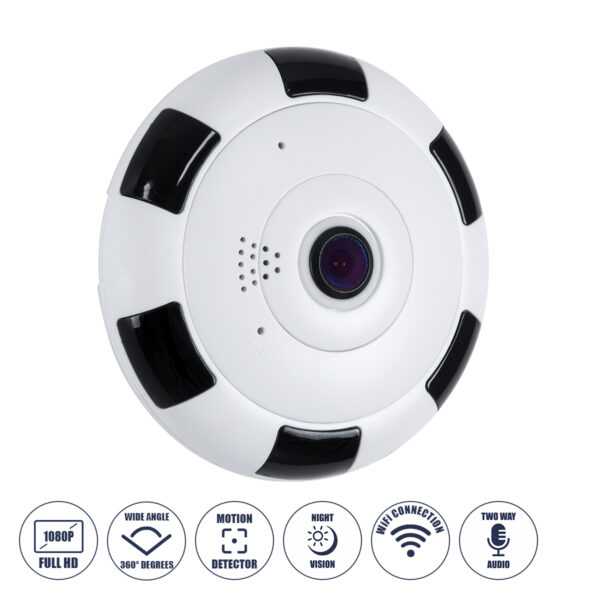 GloboStar® 86027 Επιτοίχια IP Camera 1080P WiFi 360° Μοιρών - Νυχτερινή Όραση με LED IR - Διπλή Κατέυθυνση Ομιλίας - Ανιχνευτή Κίνησης - Νυχτερινή Λήψη - Λευκό Μαύρο