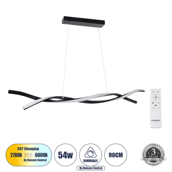 GloboStar® MORALES 61275 Κρεμαστό Φωτιστικό Οροφής Design LED CCT 54W 6048lm 200° AC 220-240V - Εναλλαγή Φωτισμού μέσω Τηλεχειριστηρίου All In One Ψυχρό 6000k+Φυσικό 4500k+Θερμό 2700k Dimmable Μ90 x Π14 x Υ14cm - Μαύρο - 3 Years Warranty