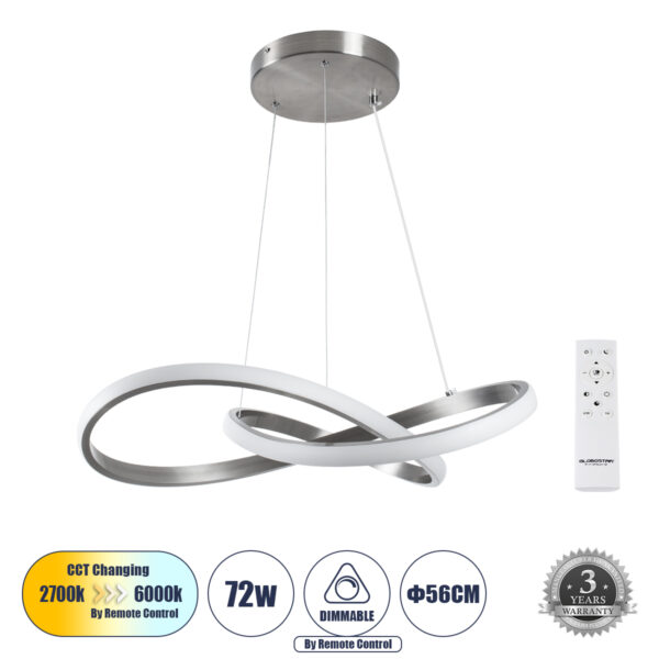 GloboStar® DEXTER 60498 Κρεμαστό Φωτιστικό Οροφής Design LED CCT 72W 8064lm 300° AC 220-240V - Εναλλαγή Φωτισμού μέσω Τηλεχειριστηρίου All In One Ψυχρό 6000k+Φυσικό 4500k+Θερμό 2700k Dimmable Φ56cm - Νίκελ Ασημί Βούρτσας - 3 Years Warranty