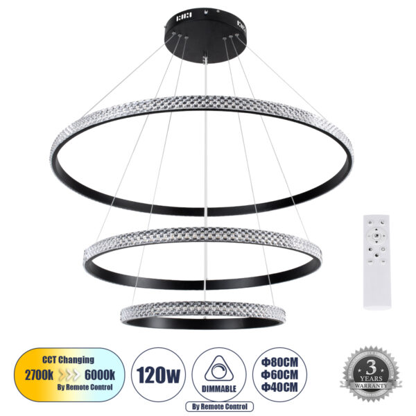 GloboStar® DIAMOND TRIO 61138 Κρεμαστό Φωτιστικό Δαχτυλίδι-Κύκλος LED CCT 120W 14723lm 360° AC 220-240V - Εναλλαγή Φωτισμού μέσω Τηλεχειριστηρίου All In One Ψυχρό 6000k+Φυσικό 4500k+Θερμό 2700k Dimmable Φ40+60+80cm - Μαύρο - 3 Years Warranty