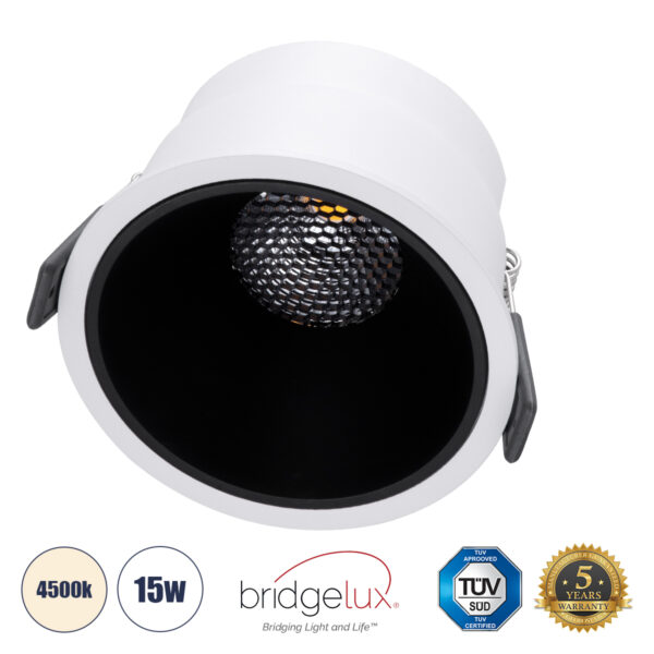 GloboStar® PLUTO-B 60258 Χωνευτό LED Spot Downlight TrimLess Φ10.4cm 15W 1950lm 38° AC 220-240V IP20 Φ10.4 x Υ6.5cm - Στρόγγυλο - Λευκό με Μαύρο Κάτοπτρο & Anti-Glare HoneyComb - Φυσικό Λευκό 4500K - Bridgelux COB - 5 Years Warranty