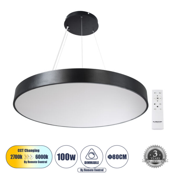 GloboStar® BURTON 61204-P Κρεμαστή Πλαφονιέρα Οροφής LED CCT 100W 11020lm 120° AC 220-240V - Εναλλαγή Φωτισμού μέσω Τηλεχειριστηρίου All In One Ψυχρό 6000k+Φυσικό 4500k+Θερμό 2700k Dimmable Φ80cm - Μαύρο - 3 Years Warranty