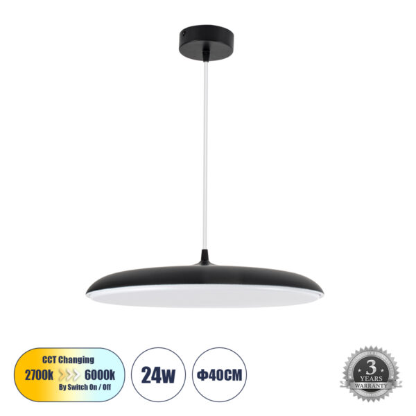 GloboStar® BARON 61254 Κρεμαστή Πλαφονιέρα Οροφής LED CCT 24W 2880lm 120° AC 220-240V - Εναλλαγή Φωτισμού μέσω Διακόπτη On/Off All In One Ψυχρό 6000k+Φυσικό 4500k+Θερμό 2700k Φ40 x Υ10cm - Μαύρο - 3 Years Warranty