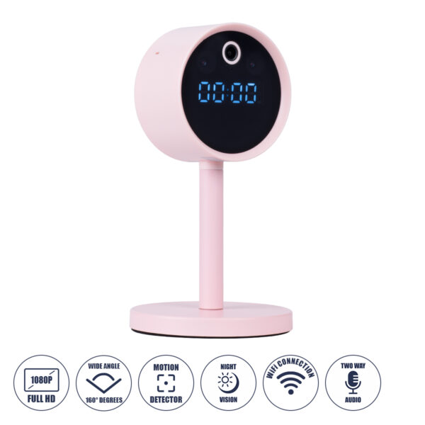 GloboStar® 86007 Rechargeable Table Camera WiFi HD 1080P 160° 1500mAh Two Way Audio Motion Detection & Digital Clock - Επαναφορτιζόμενη Επιτραπέζια Κάμερα WiFi HD 1080P 160° 1500mAh Διπλή Κατέυθυνση Ομιλίας Ανιχνευτή Κίνησης & Ψηφιακό Ρολόι - Ροζ