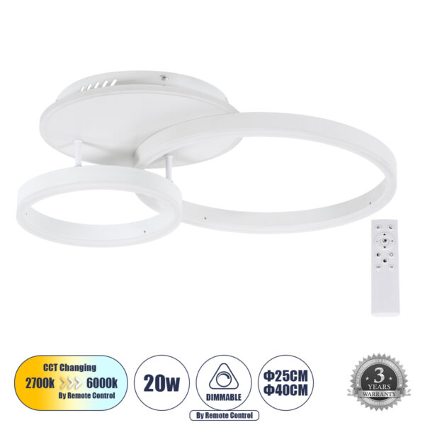 GloboStar® VENOM 61121 Φωτιστικό Οροφής Δαχτυλίδι-Κύκλος LED CCT 67W 8107lm 360° AC 220-240V - Εναλλαγή Φωτισμού μέσω Τηλεχειριστηρίου All In One Ψυχρό 6000k+Φυσικό 4500k+Θερμό 2700k Dimmable Φ25+40cm+BackLight - Λευκό - 3 Years Warranty