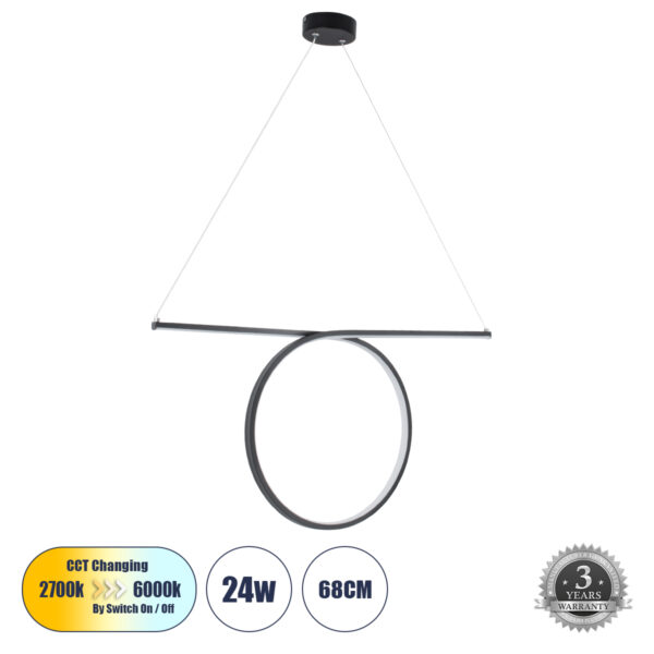 GloboStar® ROME 61294 Κρεμαστό Φωτιστικό Οροφής Linear Design LED CCT 24W 2640lm 200° AC 220-240V - Εναλλαγή Φωτισμού μέσω Διακόπτη On/Off All In One Ψυχρό 6000k+Φυσικό 4500k+Θερμό 2700k Μ65.5 x Π4 x Υ33cm - Μαύρο - 3 Years Warranty