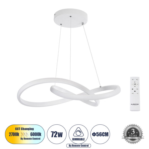 GloboStar® DEXTER 61050 Κρεμαστό Φωτιστικό Οροφής Design LED CCT 72W 8064lm 300° AC 220-240V - Εναλλαγή Φωτισμού μέσω Τηλεχειριστηρίου All In One Ψυχρό 6000k+Φυσικό 4500k+Θερμό 2700k Dimmable Φ56cm - Λευκό - 3 Years Warranty