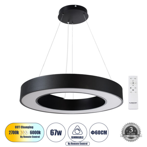 GloboStar® RA 61194 Κρεμαστό Φωτιστικό Δαχτυλίδι-Κύκλος LED CCT 67W 7370lm 120° AC 220-240V - Εναλλαγή Φωτισμού μέσω Τηλεχειριστηρίου All In One Ψυχρό 6000k+Φυσικό 4500k+Θερμό 2700k Dimmable Φ60cm - Μαύρο - 3 Years Warranty