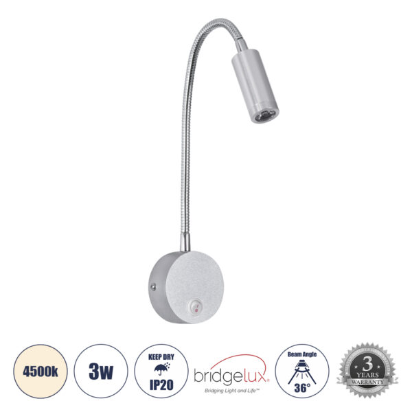 GloboStar® GOOSE 60879 Μοντέρνο Φωτιστικό Τοίχου - Απλίκα Ξενοδοχείου Bed Side LED 3W 300lm 36° AC 220-240V - Reading Light - Μ6.5 x Π15 x Υ24.5cm - Φυσικό Λευκό 4500K - Ασημί Νίκελ - 3 Xρόνια Εγγύηση