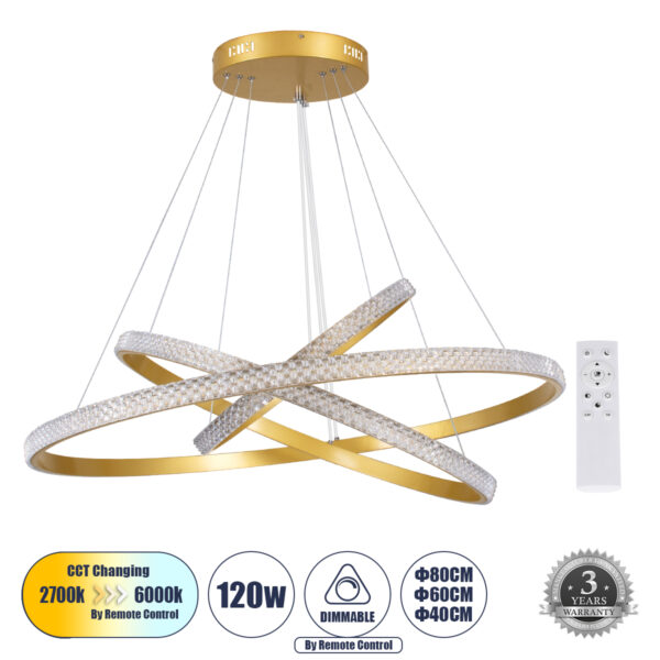 GloboStar® DIAMOND TRIO 61139-DECO Κρεμαστό Φωτιστικό Δαχτυλίδι-Κύκλος LED CCT 120W 14723lm 360° AC 220-240V - Εναλλαγή Φωτισμού μέσω Τηλεχειριστηρίου All In One Ψυχρό 6000k+Φυσικό 4500k+Θερμό 2700k Dimmable Φ40+60+80cm - Χρυσό Βούρτσας - 3 Years Warranty